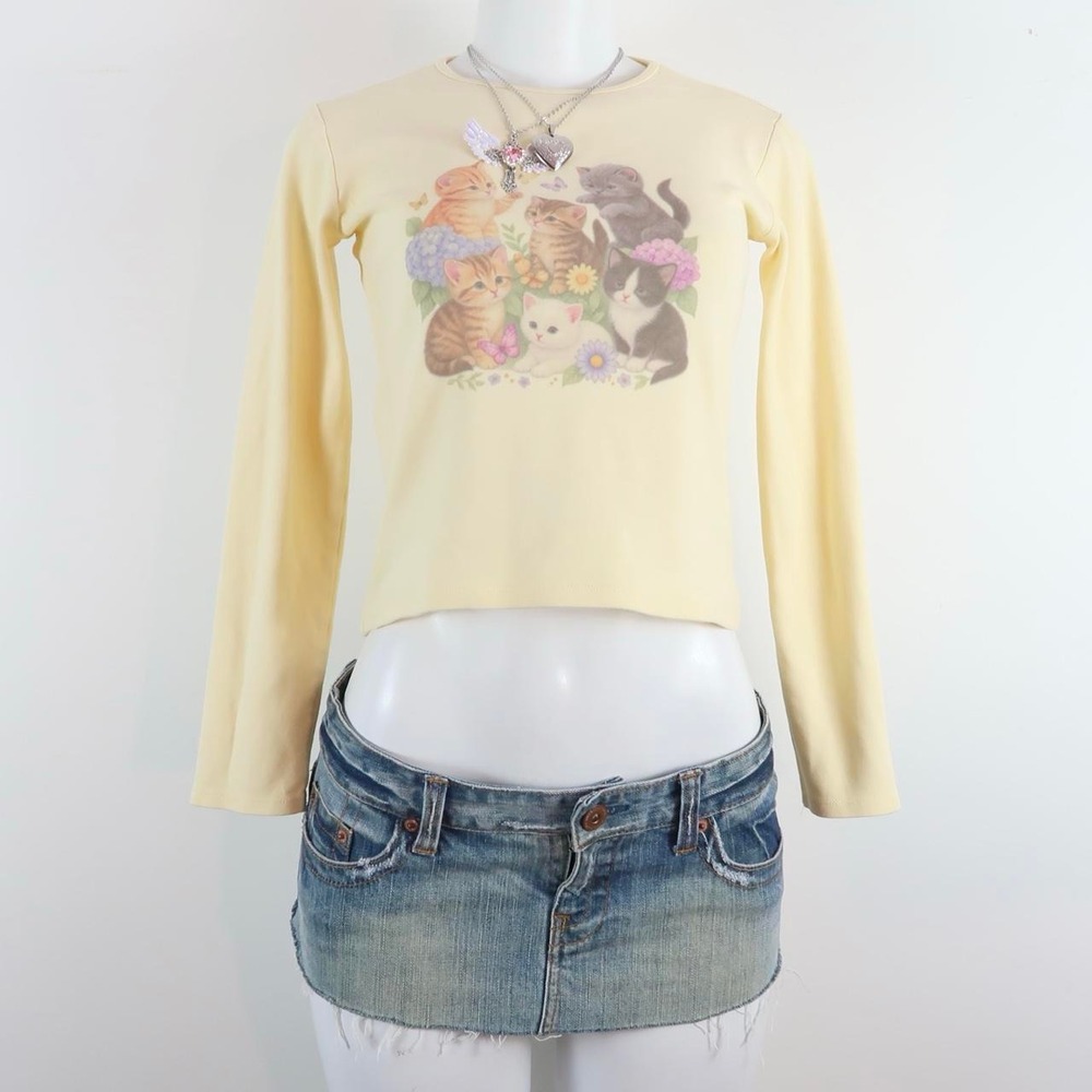 y2k kitten long sleeve top | vintage 2000s cute cat graphic baby tee | fairycore